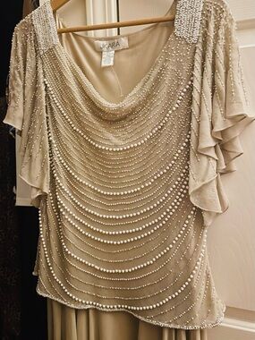 J Kara Formal Dress Champagne Beaded Pearl Draped Ruffled Sleeve